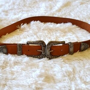 Double Buckle Adjustable Western Style Belt Brown